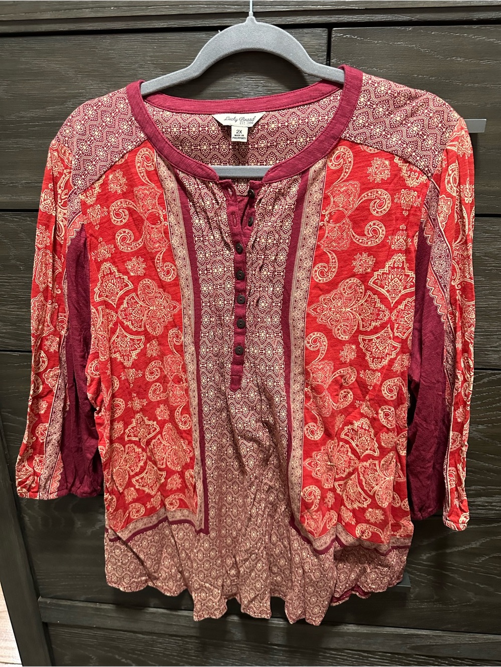 Lucky Brand Red & Maroon Mixed-Print Henley Long Sleeve Top